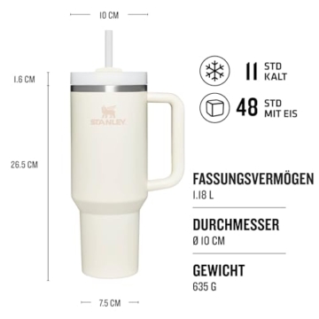 Stanley Quencher H2.0 Flowstate Trinkflasche Mit Strohhalm 1.2L - Thermobecher Kühlt 11 Stunden - 48 Stunden Eisgekühlt - Spülmaschinenfest - Thermosflasche BPA Frei - Edelstahl Trinkbecher - Cream - 2