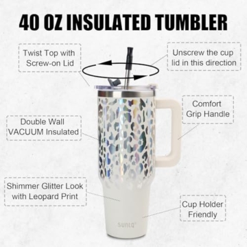 SUNTQ 1180ml Tumbler mit Griff, Doppelwandige Vakuum Isolierte Wasserflasche mit Stroh und Deckel, Edelstahl Reise Kaffeebecher, Thermische Tasse für Getränke, Fit in Becherhalter(Off-white/Leopard) - 2