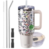 SUNTQ 1180ml Tumbler mit Griff, Doppelwandige Vakuum Isolierte Wasserflasche mit Stroh und Deckel, Edelstahl Reise Kaffeebecher, Thermische Tasse für Getränke, Fit in Becherhalter(Off-white/Leopard) - 1