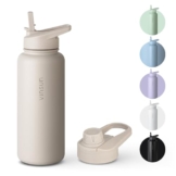 VINSUN Trinkflasche Edelstahl beige 1L - auslaufsicher, Kohlensäure geeignet, BPA frei - Strohhalm, Trinköffnung - Thermosflasche Sport, Outdoor, Schule, Uni, Fahrrad, Büro, Camping - 1