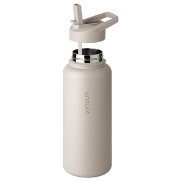 VINSUN Trinkflasche Edelstahl beige 1L - auslaufsicher, Kohlensäure geeignet, BPA frei - Strohhalm, Trinköffnung - Thermosflasche Sport, Outdoor, Schule, Uni, Fahrrad, Büro, Camping - 7