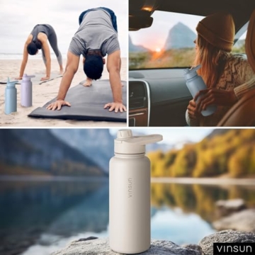 VINSUN Trinkflasche Edelstahl beige 1L - auslaufsicher, Kohlensäure geeignet, BPA frei - Strohhalm, Trinköffnung - Thermosflasche Sport, Outdoor, Schule, Uni, Fahrrad, Büro, Camping - 9