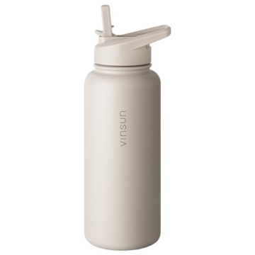 VINSUN Trinkflasche Edelstahl beige 1L - auslaufsicher, Kohlensäure geeignet, BPA frei - Strohhalm, Trinköffnung - Thermosflasche Sport, Outdoor, Schule, Uni, Fahrrad, Büro, Camping - 10