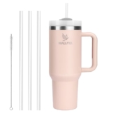 WALLFID 40oz Thermobecher aus Edelstahl, Vakuum-Isoliert mit Deckel, 3 Strohhalmen und 1 Strohhalm Bürste, Für Heiß- und Kaltgetränke, Ideal für Kaffee, Tee, Smoothies und Mehr(Rosenquarz) - 1