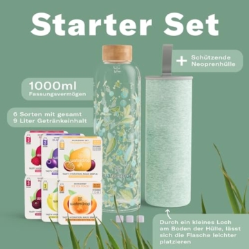 waterdrop® Glasflasche 1 Liter inkl. 18 zuckerfreie Drops - Ostergeschenke für Erwachsene - Probierpaket mit Wasserflasche & Flavor Drops - Trinkflasche Kohlensäure geeignet als Ostergeschenk - 2
