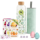 waterdrop® Glasflasche 1 Liter inkl. 18 zuckerfreie Drops - Ostergeschenke für Erwachsene - Probierpaket mit Wasserflasche & Flavor Drops - Trinkflasche Kohlensäure geeignet als Ostergeschenk - 1