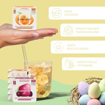 waterdrop® Glasflasche 1 Liter inkl. 18 zuckerfreie Drops - Ostergeschenke für Erwachsene - Probierpaket mit Wasserflasche & Flavor Drops - Trinkflasche Kohlensäure geeignet als Ostergeschenk - 4