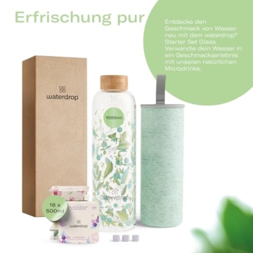 waterdrop® Glasflasche 1 Liter inkl. 18 zuckerfreie Drops - Ostergeschenke für Erwachsene - Probierpaket mit Wasserflasche & Flavor Drops - Trinkflasche Kohlensäure geeignet als Ostergeschenk - 9