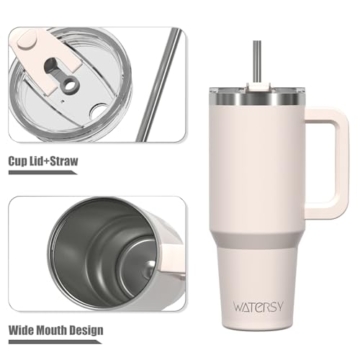 WATERSY 30oz Kaffeebecher to Go Thermobecher Doppelwandiger Edelstahl Vakuum Auslaufsicher Trinkbecher mit Griff und Strohhalm, Tragbare Autobecher Thermal Tumbler Hellbeige für Kalte Heiße Getränke - 2