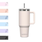 WATERSY 30oz Kaffeebecher to Go Thermobecher Doppelwandiger Edelstahl Vakuum Auslaufsicher Trinkbecher mit Griff und Strohhalm, Tragbare Autobecher Thermal Tumbler Hellbeige für Kalte Heiße Getränke - 1