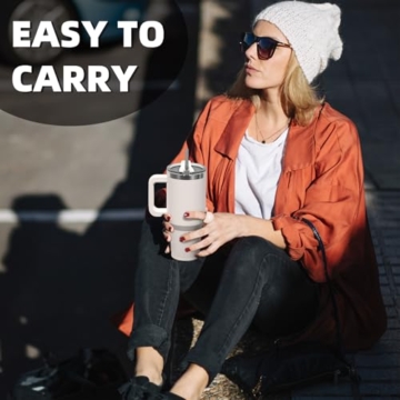 WATERSY 30oz Kaffeebecher to Go Thermobecher Doppelwandiger Edelstahl Vakuum Auslaufsicher Trinkbecher mit Griff und Strohhalm, Tragbare Autobecher Thermal Tumbler Hellbeige für Kalte Heiße Getränke - 3