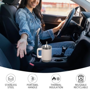 WATERSY 30oz Kaffeebecher to Go Thermobecher Doppelwandiger Edelstahl Vakuum Auslaufsicher Trinkbecher mit Griff und Strohhalm, Tragbare Autobecher Thermal Tumbler Hellbeige für Kalte Heiße Getränke - 9